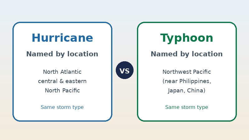 Comparison graphic: hurricane versus typhoon by ocean basin location