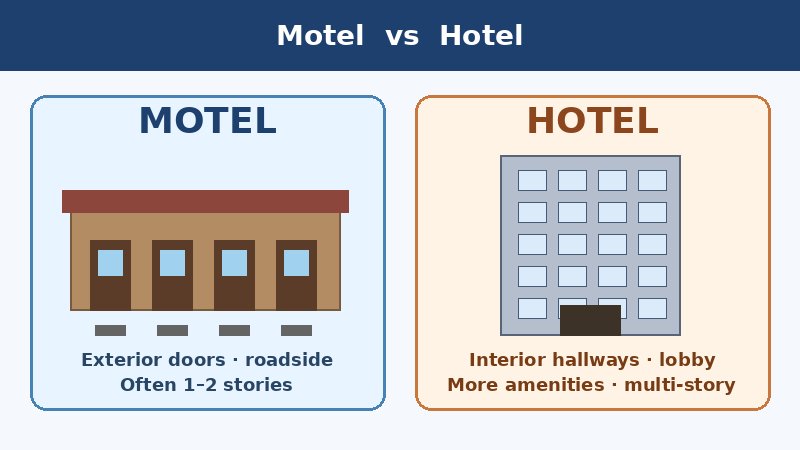 Simple illustration comparing a motel with exterior doors to a multi-story hotel with interior rooms