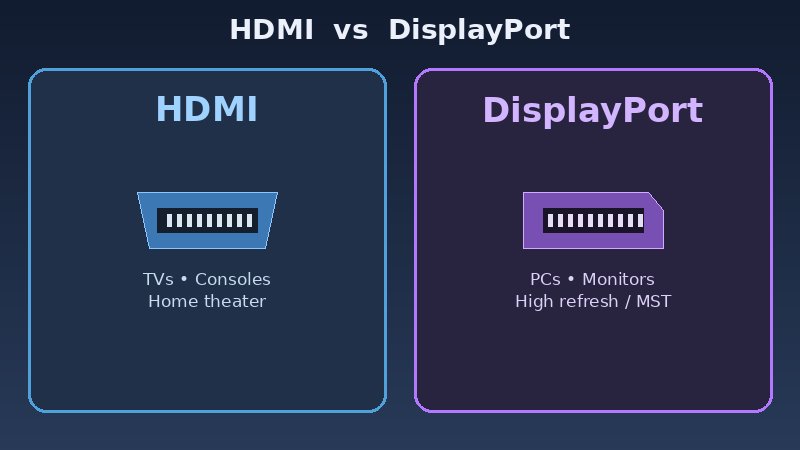 Side-by-side comparison of HDMI and DisplayPort connectors and typical uses