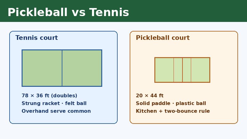 Comparison of pickleball and tennis court size and equipment