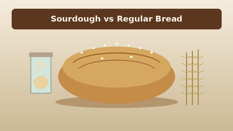 Illustrated sourdough loaf beside a starter jar