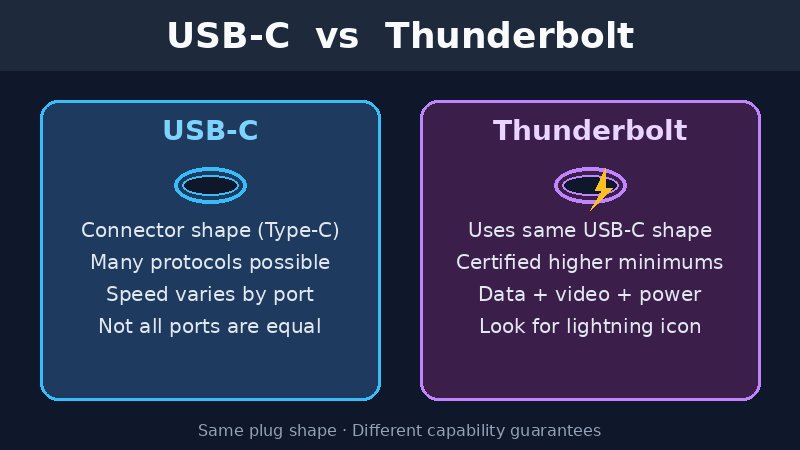 Comparison of USB-C connector shape versus Thunderbolt certified capability