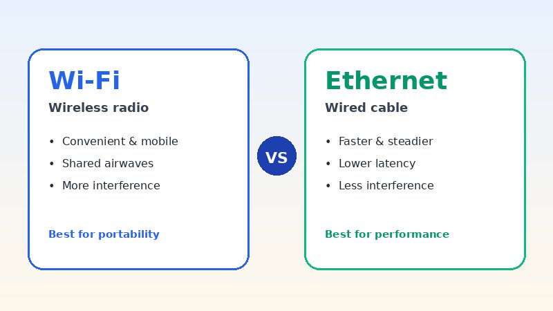 Infographic comparing Wi-Fi wireless networking and Ethernet wired networking