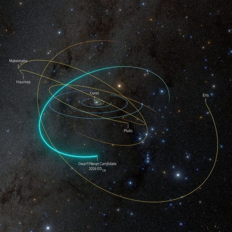 Diagram of the orbit of dwarf planet candidate 2026 ED138 beside the orbits of Pluto, Ceres, Eris, Haumea and Makemake