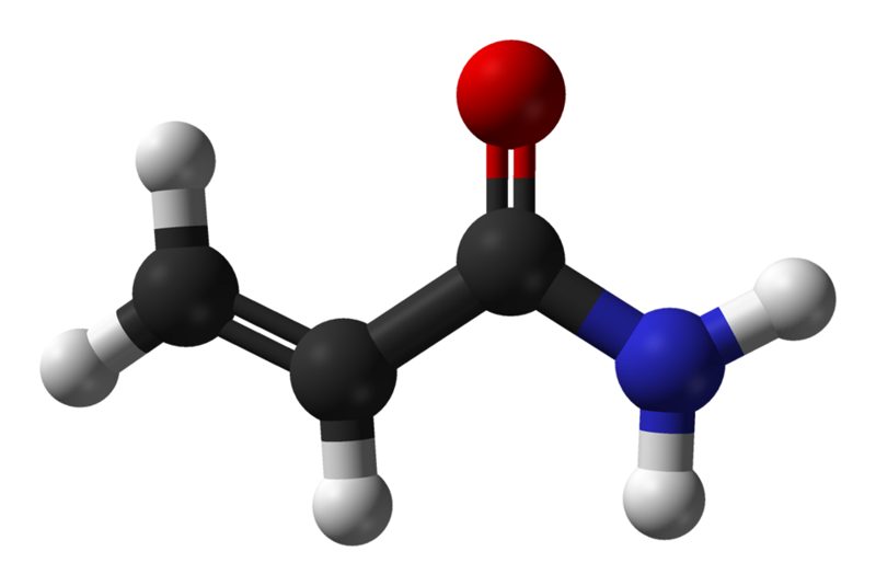 Ball-and-stick model of the acrylamide molecule showing carbon, hydrogen, oxygen and nitrogen atoms
