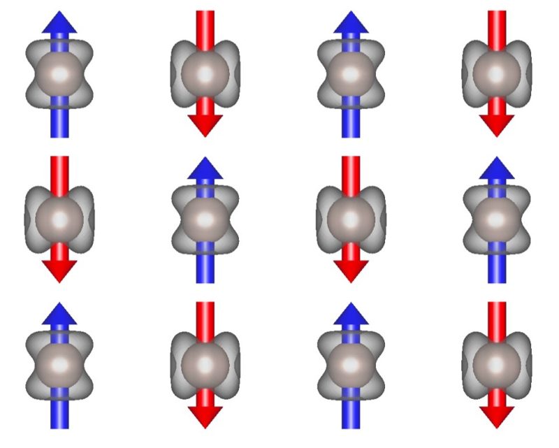 Illustration of atoms in an altermagnet with spin arrows alternating up and down on neighboring sites