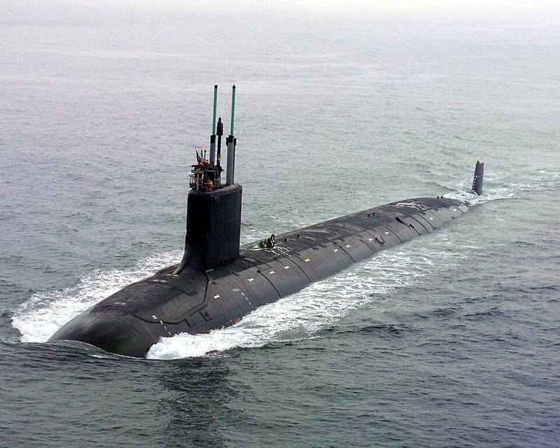 The Virginia-class attack submarine USS Virginia (SSN 774) on the surface at sea