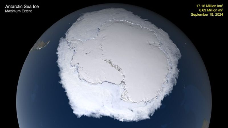 Globe view of Antarctica surrounded by sea ice at its maximum winter extent