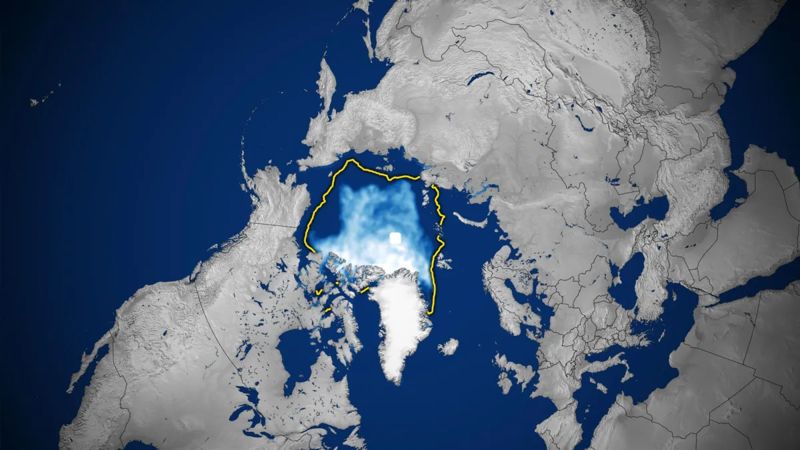 Satellite map of Arctic sea ice at its September 12, 2026 minimum, with a yellow line showing the 1981-2010 average