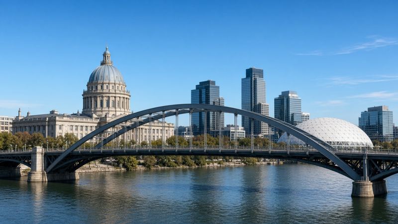 Modern steel arch bridge over a river with a classical stone dome and a geodesic dome in the city behind it