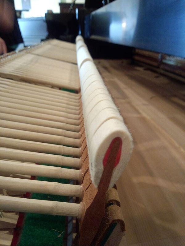 Felt-covered hammers inside a grand piano action