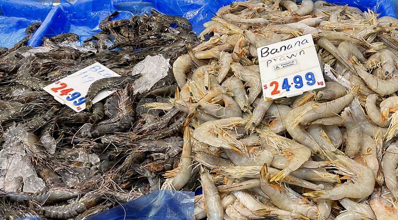 Market display of raw black tiger prawns and banana prawns on ice with price signs