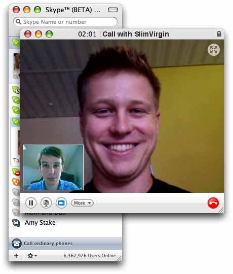 Screenshot of an older Skype video call window showing two people on camera