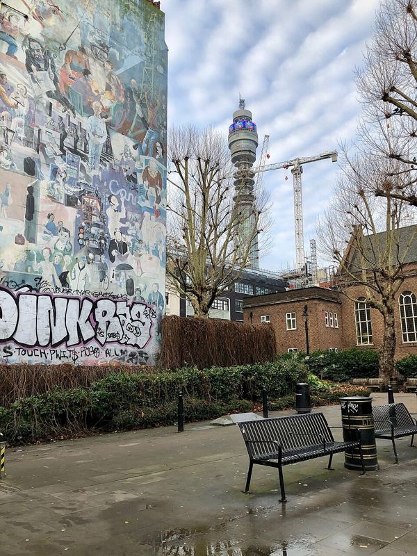 BT Tower in London viewed from Whitfield Gardens