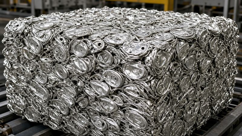 Bale of crushed aluminum beverage cans at a recycling facility