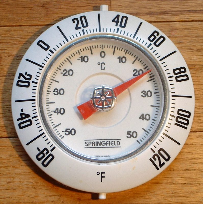 Round room thermometer with a Celsius to Fahrenheit dual scale