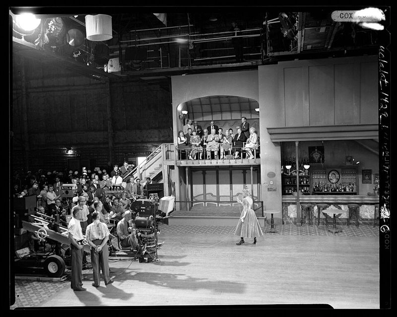 Soviet leader Nikita Khrushchev and his entourage watching filming at the 20th Century-Fox studio in Los Angeles in 1959