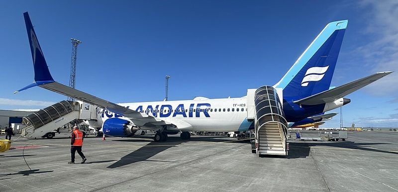 Icelandair passenger jet parked at Keflavik International Airport in Iceland