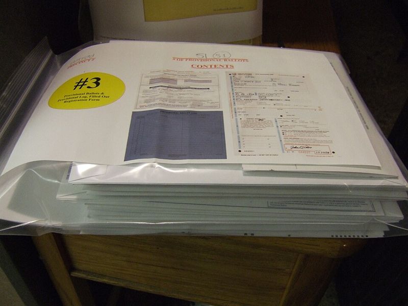 A sealed bag holding 51 provisional ballots from a U.S. polling place