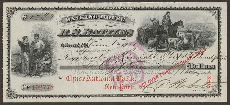 Antique 1911 bank draft drawn on Chase National Bank