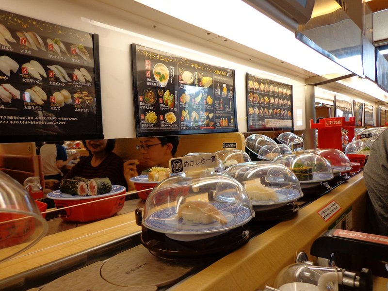 Interior of a kaitenzushi (conveyor-belt sushi) restaurant in Japan