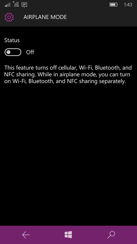 Windows 10 Mobile settings screen showing Airplane mode turned on