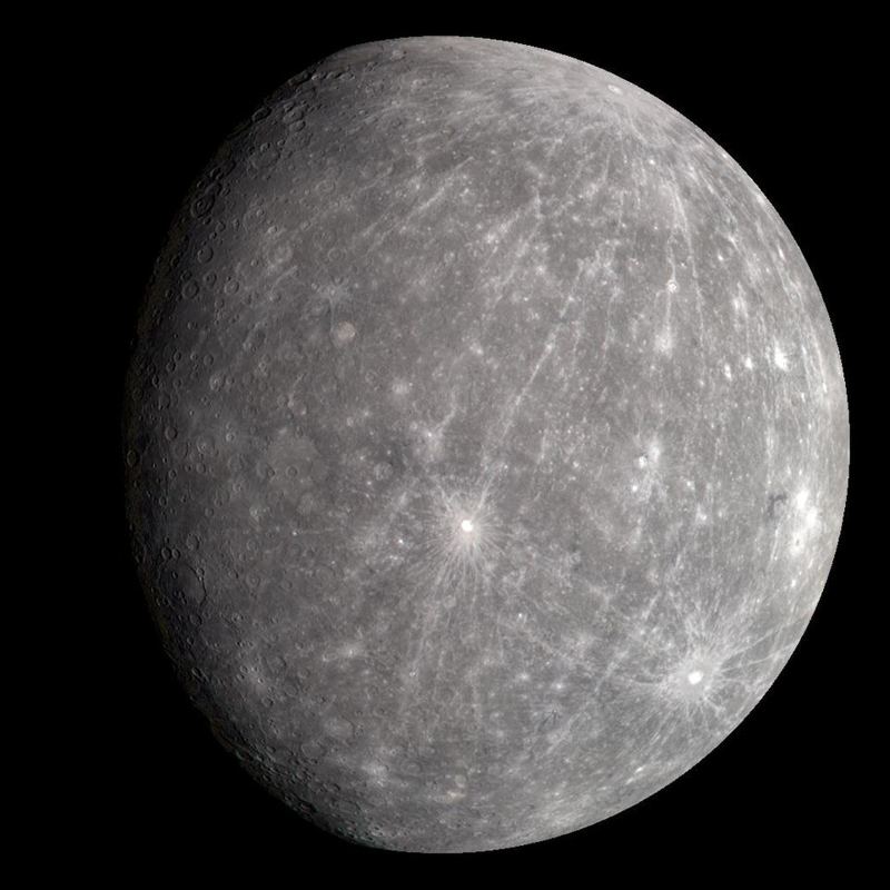 The planet Mercury in true color, a gray cratered sphere photographed by NASA's MESSENGER spacecraft