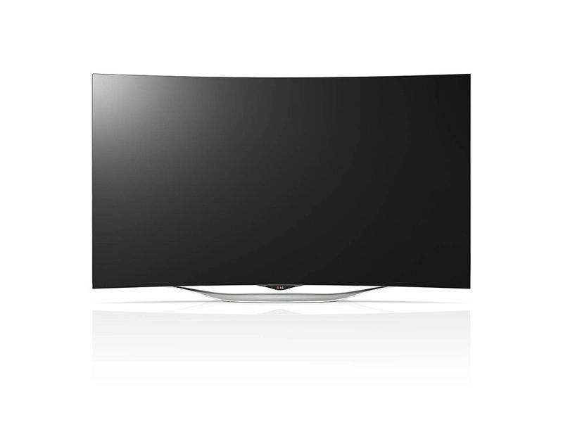 A curved LG OLED television on a stand against a white background