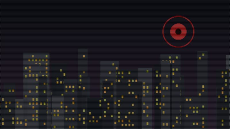 Dark stylized city skyline suggesting a dystopian society under surveillance
