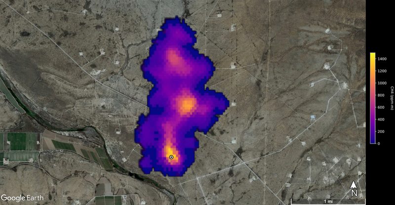 Satellite map of a methane plume southeast of Carlsbad, New Mexico, detected by NASA EMIT