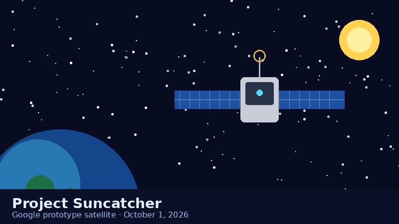 Illustration of a satellite with solar panels in orbit for Google Project Suncatcher launch, October 2026