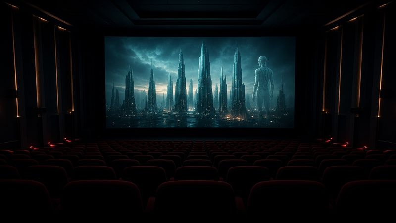 Illustration of an empty movie theater with a dark science-fiction city on the screen