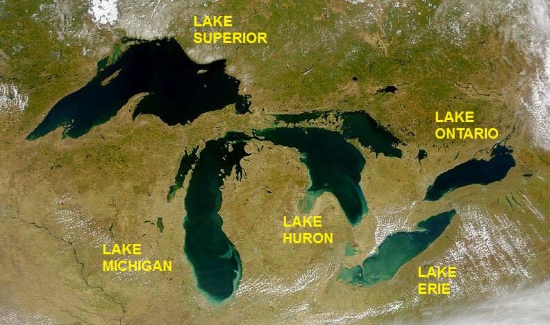 Labeled satellite view of the North American Great Lakes