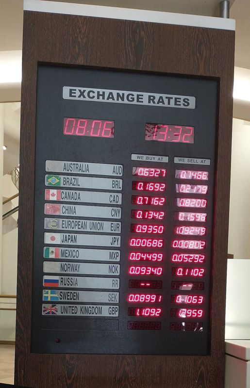 Currency exchange board listing buy and sell rates for currencies including the euro, yen, and pound