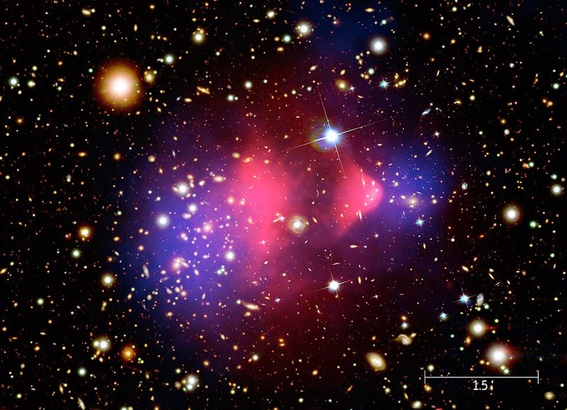 Composite telescope image of the Bullet Cluster, with hot gas shown in pink and the mass mapped by gravitational lensing shown in blue