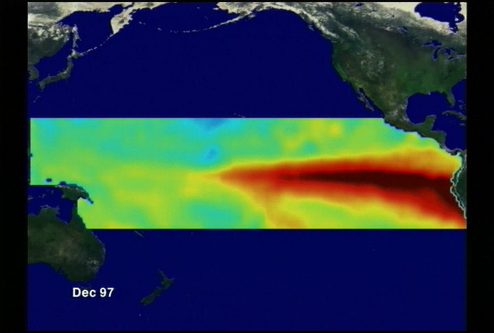 Map of warm sea surface temperature anomaly across the tropical Pacific during the 1997 El Niño