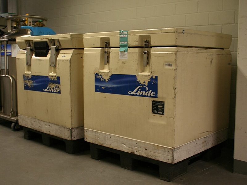 Two large insulated Linde dry ice storage containers on pallets