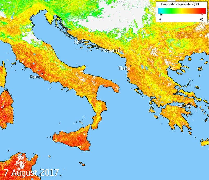 Satellite land surface temperature map of southern Europe during a heat wave