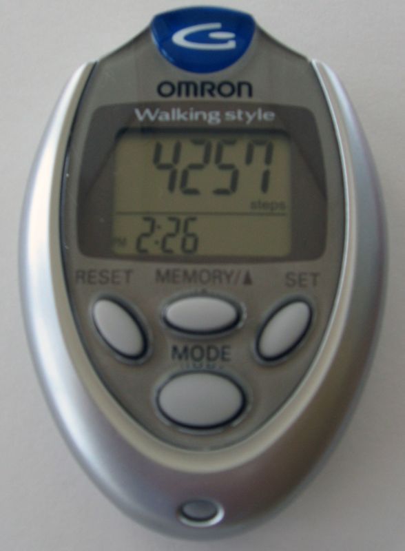 An Omron pedometer display showing a step count