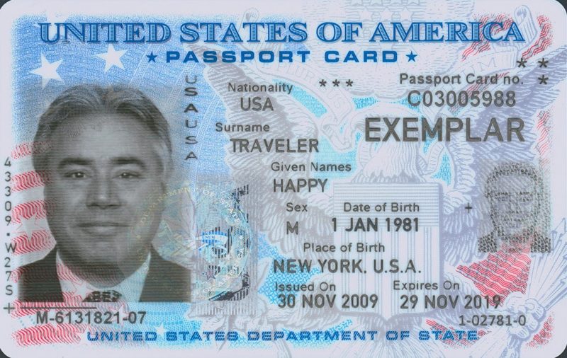 Specimen U.S. passport card issued by the U.S. Department of State