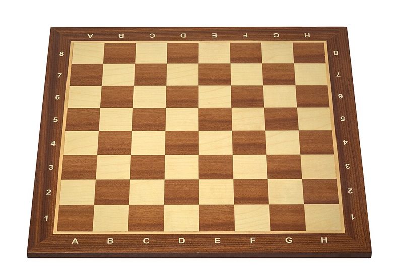 Empty wooden tournament chessboard with files A to H and ranks 1 to 8 marked on the border
