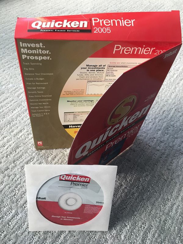 A Quicken Premier 2005 retail software box shown with its installation CD
