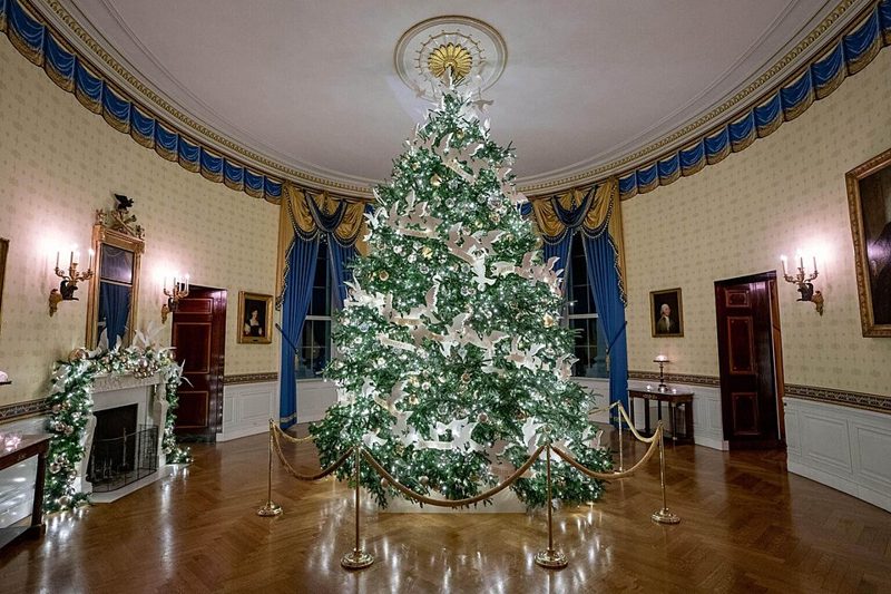Decorated real Christmas tree in the White House Blue Room, an example of how to keep a Christmas tree alive and fresh through the holidays