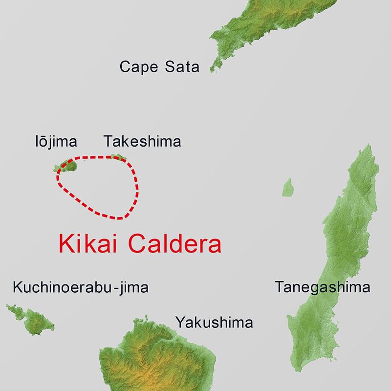 Relief map showing the outline of the submarine Kikai Caldera between Yakushima and Cape Sata in southern Japan