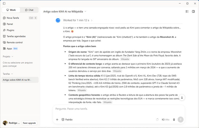 Kimi Work desktop app showing a completed task with the Kimi model selector, the app where Kimi K3.1 Pro is available