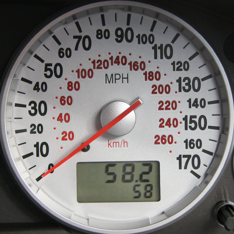 Car speedometer showing mph on the outer ring and km/h on the inner ring, a quick km to miles reference