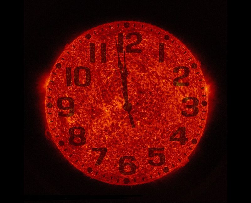 Clock face overlaid on an image of the Sun, illustrating a leap second
