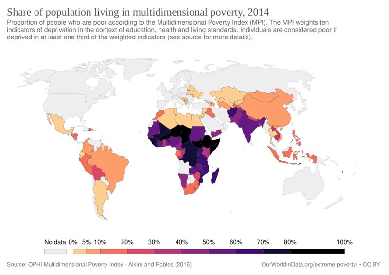 World map shading countries by share of population living in multidimensional poverty