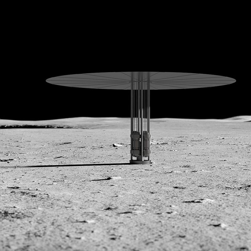 Artist rendering of a NASA Kilopower fission reactor on the lunar surface