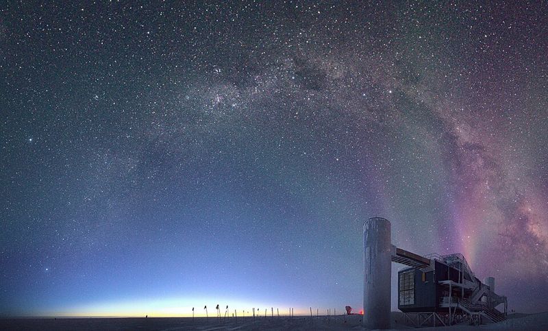 The IceCube Laboratory at the South Pole under the Milky Way at dawn